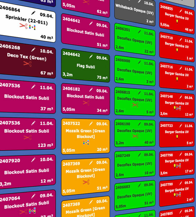 Seitliche Darstellung eines digitalen Druckplan, mit farbig markierten Druckaufträgen